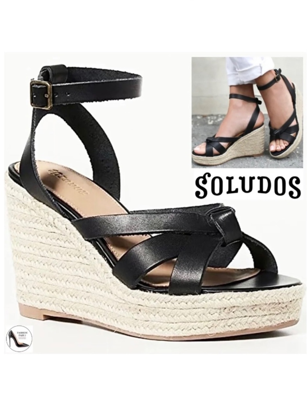 Soludos Charlotte Knotted Black Leather Wedge Espadrille Platform Sandals 9